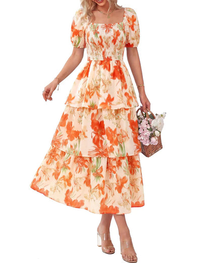 🔥 Letzter Tag – 60 % Rabatt💃Damen Blumenkleid mit eckigem Ausschnitt & Puffärmeln 🌸