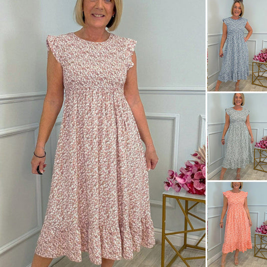 🎉🛍️Heißer Verkauf 50% Rabatt💃Elegantes Blumenkleid mit hoher Taille und Rüschen-Cap-Ärmeln